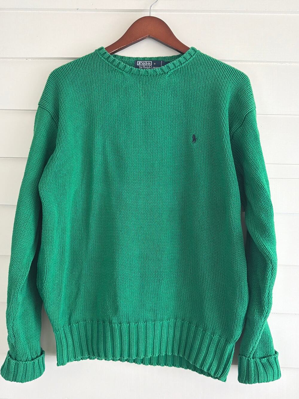 Vintage Polo Ralph Lauren Green Cotton Knit Sweater Crewneck Prep Old Money L